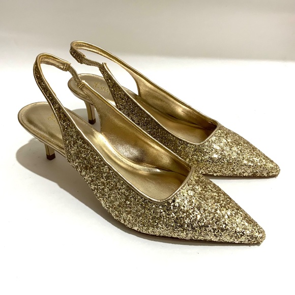 Lilly Pulitzer Shaina Slingback Gold Glitter Pump Pointed Toe Kitten Heel Shoe 8 - Picture 12 of 16